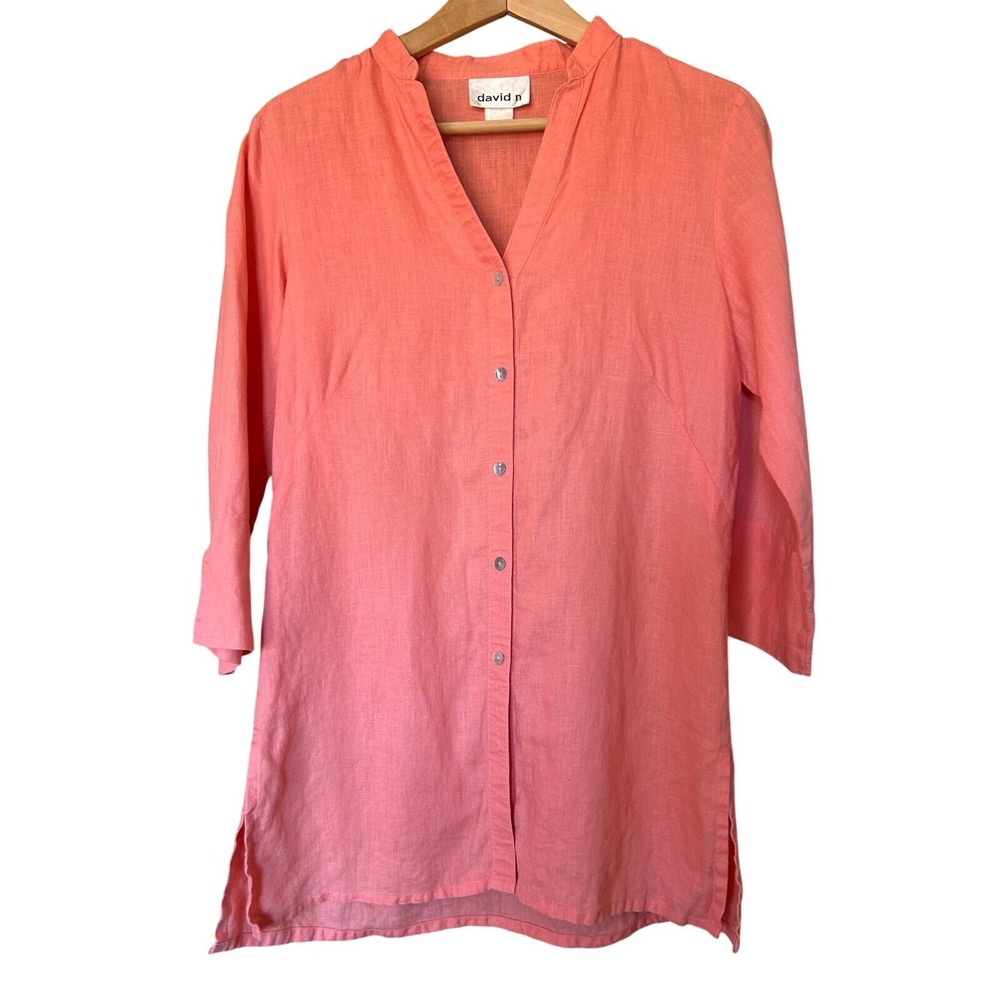 Vintage David N Linen Tunic Top Coral Pink Beachy Boho Mother Pearl Buttons Sz M